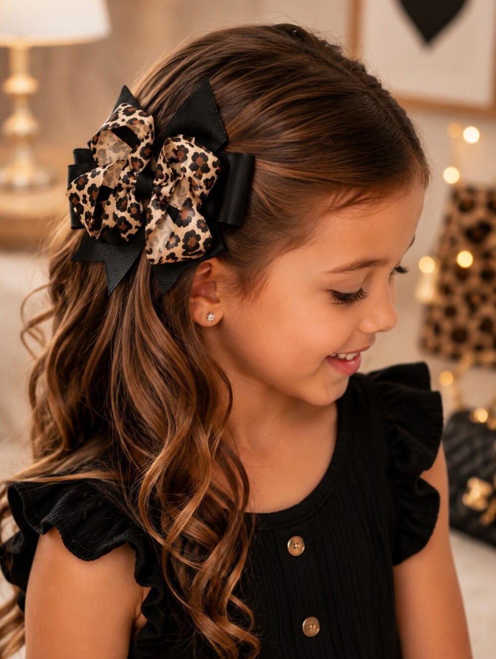 Leopard Hair Bow Boutique Layered Ribbon Clip Toddler Girls Animal Print